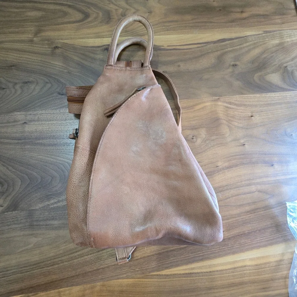 We The Free Free People Leather Sling Backpack Women Tan Brown Boho Triangle Bag